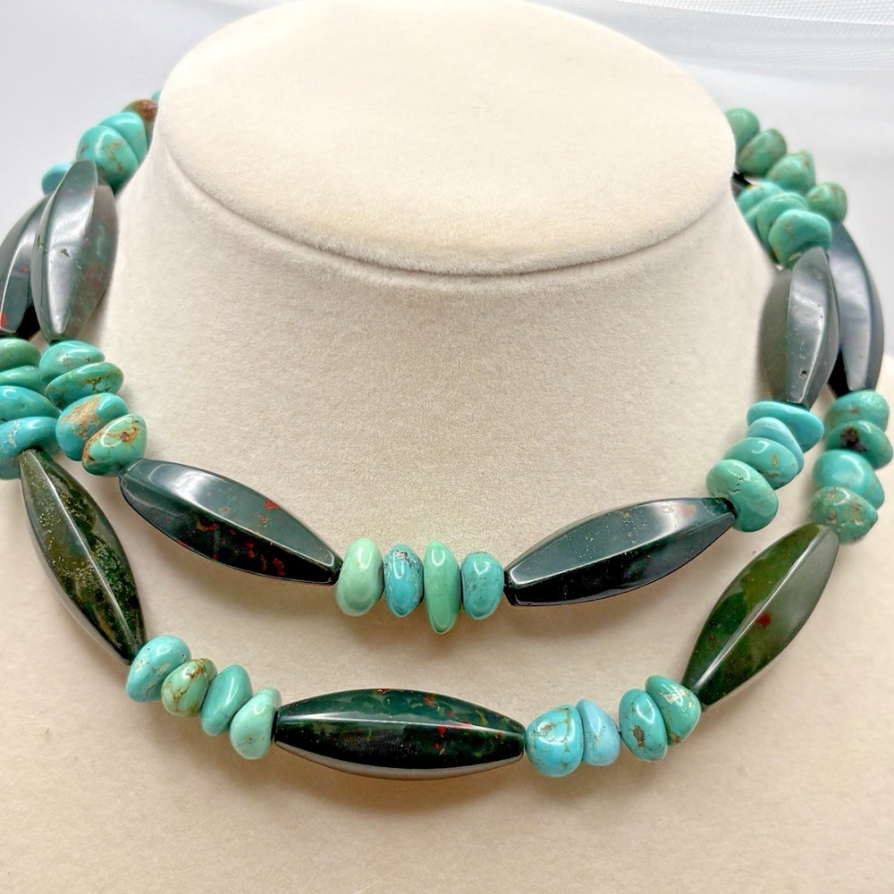 Beaded Turquoise and Green Bloodstone Chunky Necklace 26" Heliotrope
